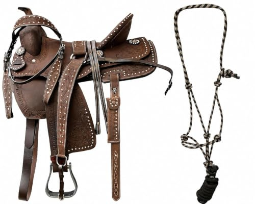 Royal Reins Brown Leather Western Barrel Saddle – Durable, Comfortable & Balanced Riding Tack with Matching Headstall & Breast Collar Set 17 Inch