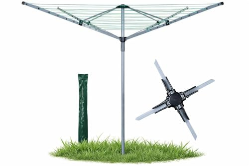 MEHRU Heavy Duty 60M Rotary Clothes Airer 4 Arm Outdoor Washing Line with Ground Spike, Space-Saving Folding Garden Dryer Rack for Laundry, Patio & Home Use