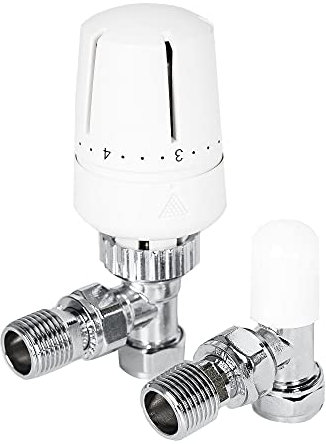 WarmeHaus Thermostatic Radiator Valve 15mm x 1/2 Angled Rad TRV + Lockshield White & Chrome - Pack of 5