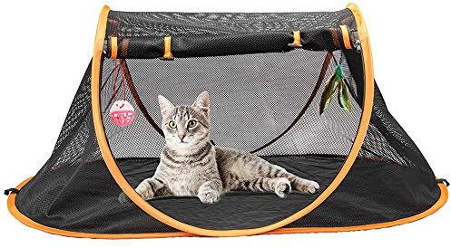 Portable Cat Mesh Tent Pet Cage,Pop Up Crate,Foldable Kennel,Indoor,Outdoor,Comfy Puppy House-Washable Fabric for Small Animals with 2 Cat Toys, Carry Bag & 2 Stakes