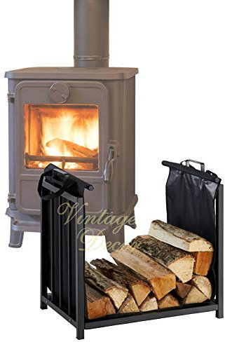 Vintage Decor by DWD ® 2 Tier Black Metal Outdoor Indoor Log Rack with Fireplace Accessories (4 Tools) I Log Holder with Canvas Carrier Bag (Log Holder with Canvas Bag)