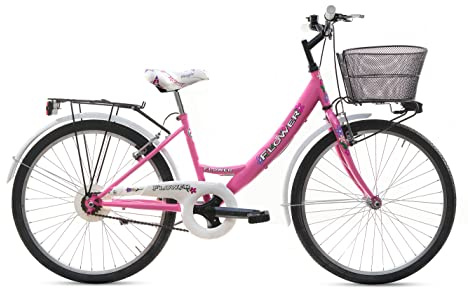 MADICKS Bicicletta Bambina Ragazza da Passeggio Misura 24 Bici con Cestino Floreale Rosa Bianca
