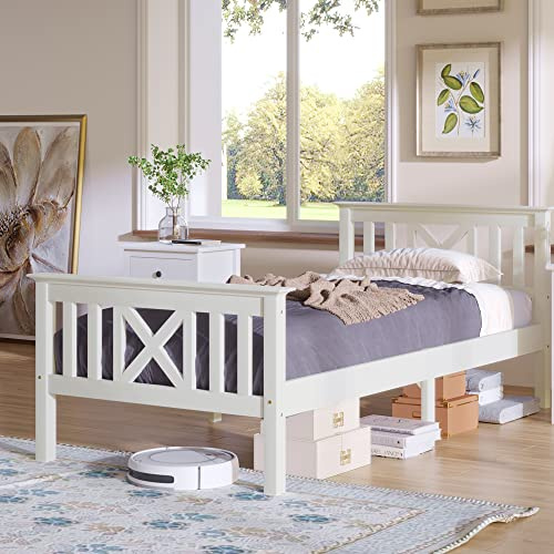 ModernLuxe Lit d'enfant Lit Simple ou Double Cadre de lit en Bois avec sommier à Lattes et tête de lit Lit en Bois Massif Laqué Blanc Lit d'invité Lit de Jeunesse (Blanc B, 90 x 200 cm)