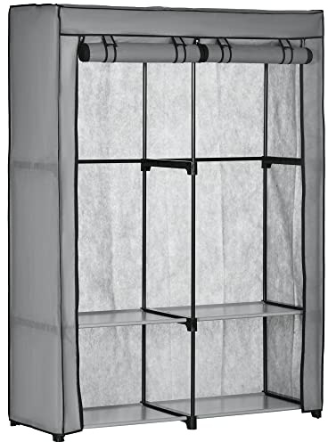 HOMCOM Armadio Guardaroba Portatile in Acciaio, Tessuto non Tessuto e PP con 4 Ripiani Aperti, 2 Appendini e Porta a Cerniera, 118x49x170 cm, Grigio