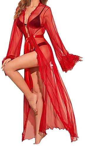ROSVAJFY Lenceria Mujer Sexy Encaje Camisón Tipo Kimono Transparente Malla Ropa Dormir Cárdigan Traje Baño Bikini Long Beach Coverups con Cinturón Camisola Babydoll Novia