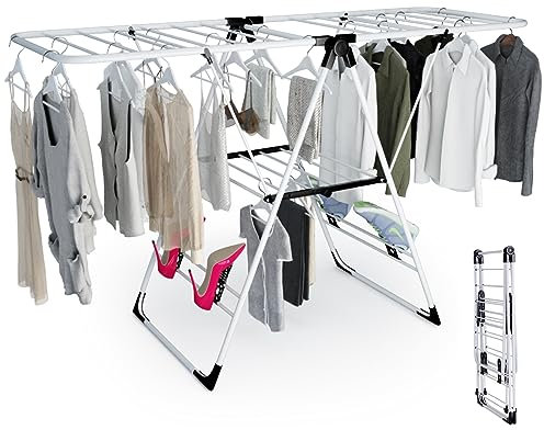 CASART Folding Drying Rack, 2-Level Clothes Airer with Height Adjustable Wing, Freestanding Steel Drying Rack for Clothes Socks Towels Shoes Quilts, No Assembly (with 18 Hanging Rails & Shoe Holder)