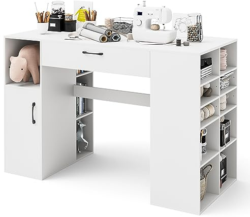 COSTWAY Wooden Sewing Table, 2-in-1 Artwork Craft Table with Drawer, 14 Open Compartments, Adjustable Shelf & Door Cabinet, Drafting Sewing Machine Table Computer Desk Workstation, 135x60x91cm, White