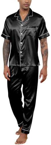 Reliwel Mens Pyjamas Set Silk Satin Short Sleeve Mens Silk Pyjamas Button Down Shirt and Long Pants Notch Collar Loungewear Sleepwear Nightwear With Pockets