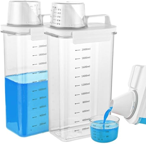 LDHHYH 2-pack Tvättmedelsförvaring med Tvättmedelsbehållare 2300 ml, Tvättmedelsdispenser med Mätkopp, Lufttät Förvaring för Tvättpulver och Flytande Tvättmedel i Tvättstuga