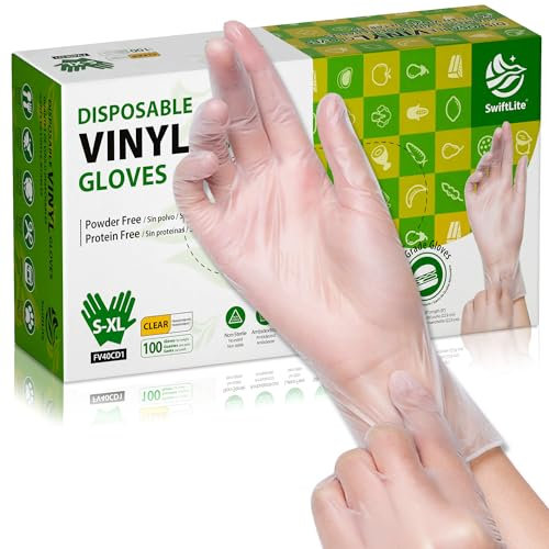 SWIFTLITE Guanti usa e getta in vinile, 100 pezzi, per alimenti, senza lattice, senza polvere, guanti in plastica trasparente per cucinare, pulire la casa, preparazione degli alimenti, 3 pezzi, taglia