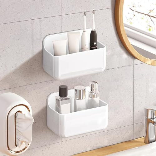 Diesisa 2PCS Shower Caddy, Self Adhesive Bathroom Shelf, Shower Shelf No Drilling, Wall Mounted Shower Organiser No Drilling, Acrylic Shower Rack Stick on for Bathroom Kitchen (Small-White)