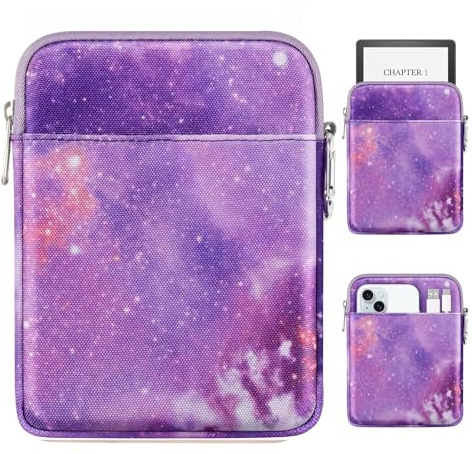 MoKo Padded Ereader Sleeve Case for 6-7 inch Ereader Tablet Bag Protective Cover Pouch with a Carabiner, Compatible with 7 Colorsoft Signature Edition 2024, Purple Starry Sky