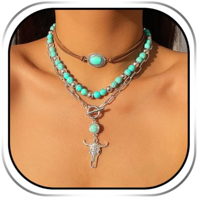 Handcess Boho Turquoise Choker Necklace Silver Bull Pendant Necklaces Beaded Layered Necklace for Women