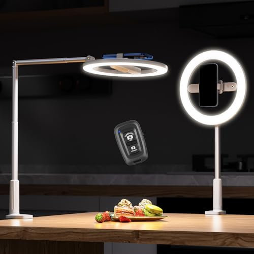 AIXPI Ringlicht mit Stativ, 10 Zoll Overhead Stativ Handy with Ring Light, 3 Lichtfarben ringleuchte Drehbar LED Handy Selfie Licht mit Fernbedienung, Streaming Licht für Tiktok, YouTube