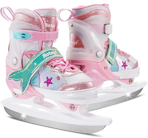 Ocean Girls Adjustable Ice Skates for Kids Youth Ages 3-12, Toddler Ice Hockey Skates for Outdoor Indoor Rink, Soft, Warm and Comfortable Lining Iceskates, Triple Safety Ankle Support (Large, Pink)