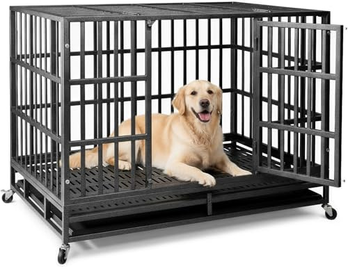 NUGRIART 48 Inch Heavy Duty Indestructible Dog Crate, XL Steel Escape-Proof Kennel for Large Dogs, Double Door Design with 4 Locking Wheels & Reinforced Baseplate, Ideal for High-Anxiety Dogs