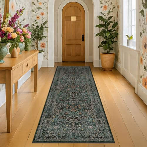 8ft Long Runners for Hallways Non Slip, 2'6 x 8' Floor Runner for Kitchen, Entryway Indoor, Washable Rubber Backing Stain Resistant - Vintage Floral Dark Green & Black Wide Décor