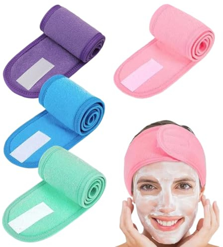 Bandeau Cheveux Femme Maquillage, 4 Pièces, Bandeaux de Bain Esthetique Réglable Headband avec Magic Tape Élastique Bandeau Cheveux pour Soin Visage Spa