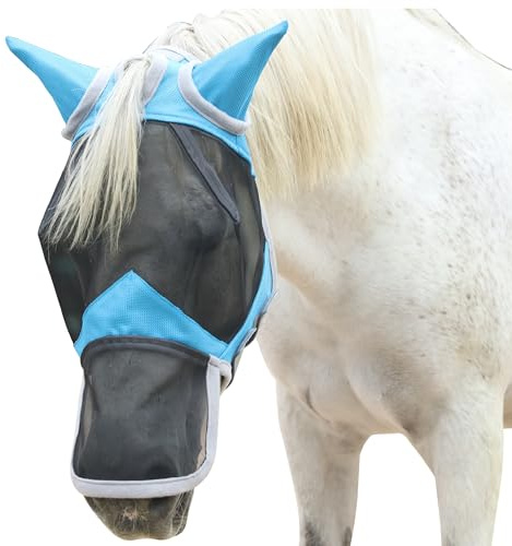 Gallopoff Masque Anti-Mouches pour Chevaux, Couvre-Nez/Oreilles, Bleu 01 M | Protection Anti-UV, Maille Respirante, Grands Yeux, Ouvertures pour Les Poils du Front, sans Frottement