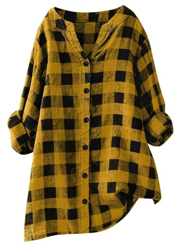 Chemise à carreaux pour femme - Avec boutonnière - Manches longues - Printemps été - Coton - Chemise bûcheron - Chemisier surdimensionné à carreaux - En mousseline - Manches 3/4 - Pour leggings, jeans