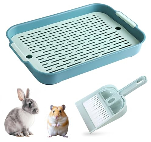 3PCS Rabbit Litter Tray Large 36×24×4 cm, 2 Tier Guinea Pig Litter Tray With Grid Rectangular Flat Rabbit Cage Toilet Tray With Mini Broom and Dustpan for Bunny Guinea Pig