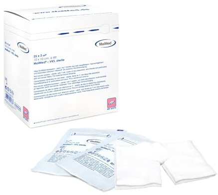 MaiMed Compresse in tessuto non tessuto sterile, 6 scomparti, Art. n. 25350, VE 25 x 2 pezzi – 5 x 5 cm