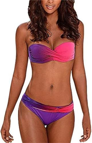 Hotgreenpepper Womens Halterneck Strapless Bandeau Twist Push Up Tie Dye Bikini Set Swimsuit(Purple/Rosy,M 10-12UK)