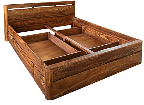 MASSIVMOEBEL24.DE | Bett mit Schublade Toronto #259 | Sheesham Massivholzbett | 200x200 cm | Walnuss gewachst | Mit Kopfteil & Ablage | 2 Schubkästen auf Rollen | Modernes Design aus Palisander