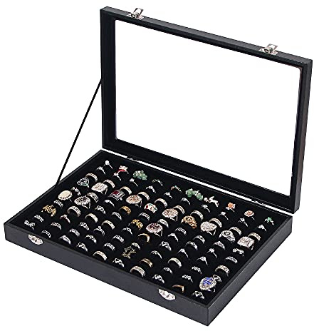 Ausalivan Ring Holder Organizer Box, Jewelry Display Case, Earring Necklace Storage Tray With Top Glass Lid (Black, 100 Slots)