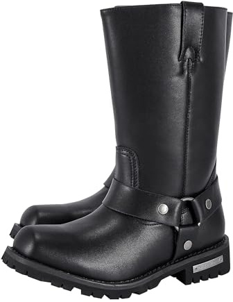 Dream Apparel Men's 12 Harness Motorcycle Riding Boots for Biker, Square Toe Knee High Boots with Full Length Side Zipper, Black PU Leather Mid Calf Footwear, Size 12