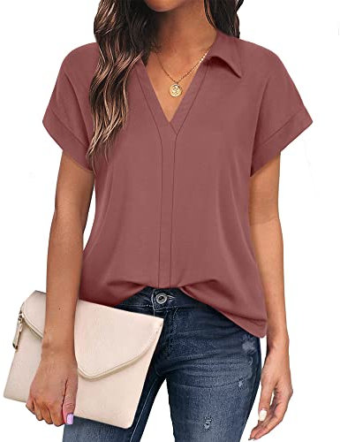 Gaharu Damen Tunika Shirt, Damenblusen Elegant Sommer Arbeits Tshirt Kurzarm Damen Bluse Altrosa Elegant Blusenshirt Festlich Bluse Feierliches Oberteil Damen Kleidung Modern Sommer Outfit Frauen