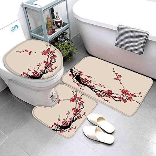 Badematten Set 3D Pflaume Bossom 3-teiliges Absorbierend Flanell Badezimmerteppich-Set 50x80cm, Traditionelle Chinesische Malerei Badteppich Schnell Trocknend Weich Badvorleger mit WC Deckelbezug