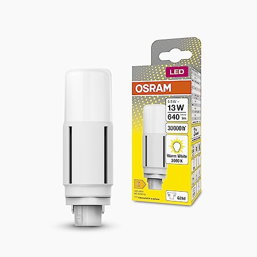 OSRAM DULUX LED D13 VT EM, G24D, 5.5W, 640lm, 3000K, colore bianco caldo, adatta per applicazioni verticali grazie a un angolo del fascio di 300 gradi, durata lunga, luce immediata