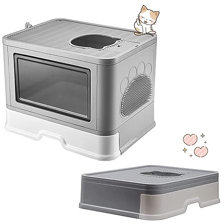 XUANYU Groß Katzentoilette mit Abdeckung, Geschlossene Katzentoilette, Groß Katzenklo mit Deckel und Schaufel, 2 Eingangstüren, Geräumig für Katzen bis 7 kg/15 lbs (Grau L-48,5×38×36,5 cm)