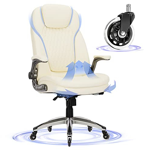 Executive Office Chair-Ergonomic Computer Desk Chair with Upgraded Caster for Swivel, High Back Office Chair with Padded Flip-up Arms,Leather Chair Thicken Seat for Comfort