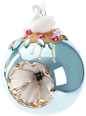 BRUBAKER Premium Pallina di Natale Azzurra con Figura di Cigno - Decorazione per Albero di Natale da 10 cm con Perline - Pallina in Vetro Decorata a Mano - Decorazione Natalizia