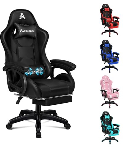 ALFORDSON Chaise de Bureau, Chaise de Bureau avec Coussin Lombaire de Massage, ergonomisk schäslong med låsbara dockor, schäslong med repose-fötter, Hauteur Réglable, Noir