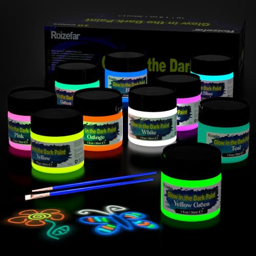 Roizefar Colores luminosos que brillan en la oscuridad, resistentes al agua 3D, pintura textil fluorescente, para piedras que brillan en la oscuridad, pintura infantil, tela brillante, 10 x 30 ml