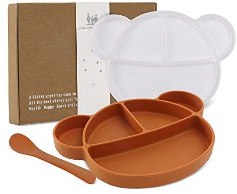 Miracle Baby Plato de Silicona con Ventosa para Bebé, Plato Antideslizante con Tapa y Cuchara, Plato Infantil para Niñas y Niños, Sin BPA y Apto para Lavavajillas (Caramelo)