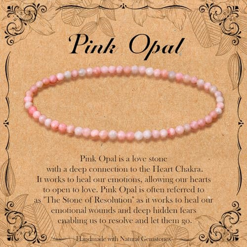BONNY BOXX Natural Genuine Gemstone Faceted Round Beads Bracelets, 3mm Adjustable Stretchy Tiny Faceted Pink Opal Bracelet, Healing Crystal Reiki Chakra Dainty Jewelry Fashion Gifts