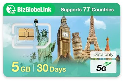 EIOTCLUB Förbetalt SIM för resor, BizGlobeLink SIM-kort internationell 5 GB 30 dagars användning i 77 länder, endast data, 5G/4G LTE, utan kontrakt, påfyllningsbar, för mobiltelefoner, WLAN-routrar