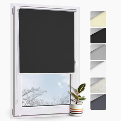 Rollmayer Verdunklungsrollo ohne Bohren mit Klemmfix (Thermo Schwarz 160x220 cm BxH) Seitenzug Rollo für Fenster und Türen Blickdicht lichtundurchlässig Energiesparrollo einfache Montage
