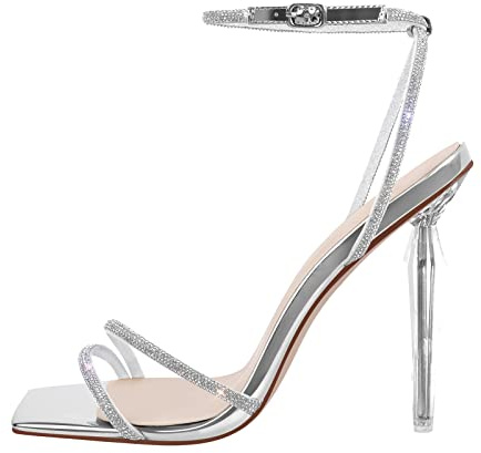 Meinabsatz Sandali da donna con cinghia, con tacco alto, con brillantini, argento, 44 EU