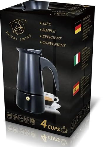 Royal Swiss Cafetière Italienne Moka, 4 Tasses, percolateur, Sécuritaire et Efficace, Noir. Tout feu dont induction.