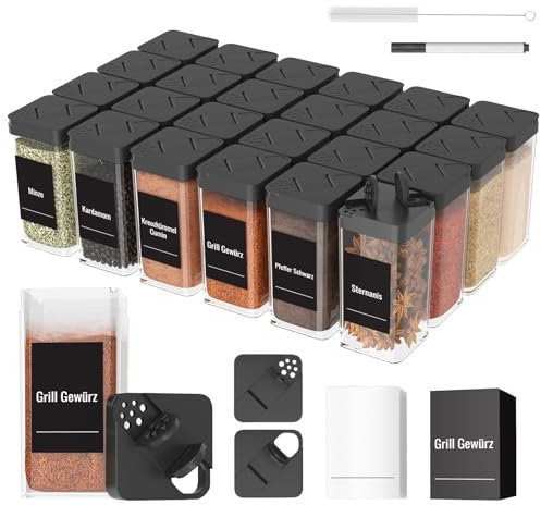 Homhut Lot de 24 pots à épices carrés avec couvercle [24 x 120 ml], en plastique solide, hermétique, avec saupoudreur, avec 120 étiquettes, organisateur d'épices noirs