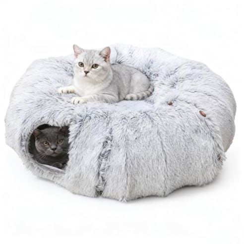 Letto a Tunnel per Gatti, Tunnel a Ciambella per Interni, Nascondiglio Pieghevole per Gattini, Letto Multifunzione per Gatti Grandi con Palla, Morbido Nicchie e Casette con Due ingressi (Grigio)