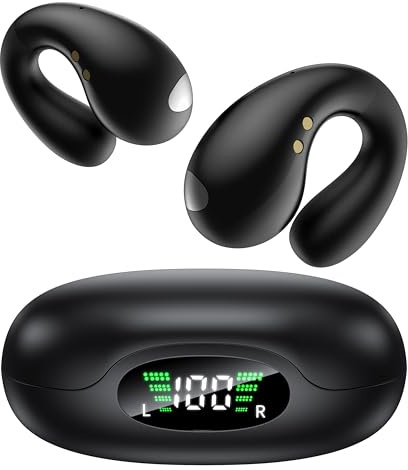 EUQQ Auriculares Inalámbricos Deportivos - 2025 Auriculares de Oído Abierto Bluetooth 5.3 Auriculare de Conduccion Ósea, 50H de Reproducción con Caja de Carga LED USB-C, IP7 Impermeable - Negro