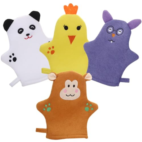 VILLFUL Gommage Corporel Exfoliant d'Animaux, Lot de 4 Moufles de Bain pour Garçon et Filles, Accessoires de Bain pour Nettoyage Vigoureux