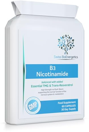 Vitamin B3 Nicotinamide - High Strength no Flush Niacin - Balanced with Essential Tri-Methyl Glycine (TMG) & Trans-Resveratrol - UK Made