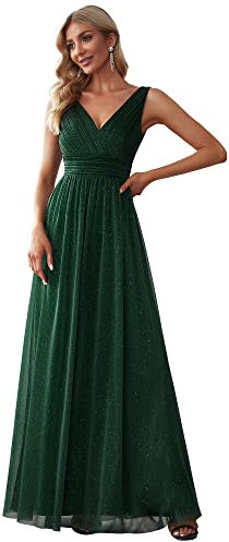 Ever-Pretty Damen V-Ausschnitt Ärmellos Hohe Taille Glitzer Elegant Lang Partykleid Dunkelgrün 46
